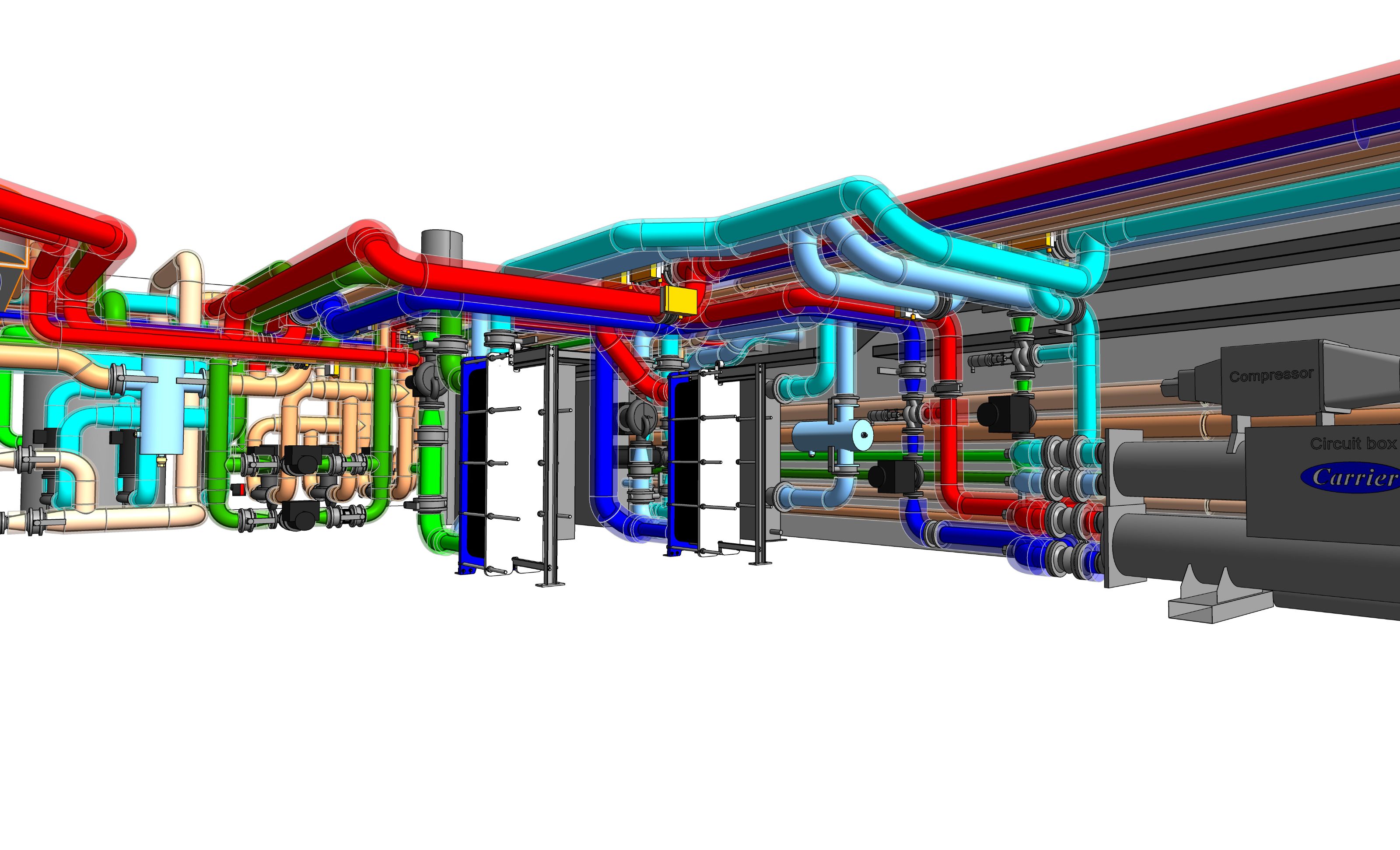 BIM-Modell einer Technikzentrale in Revit: Rohrleitungen, Wärmetauscher und Kältemaschine